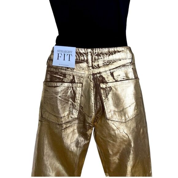 STRADIVARIUS Straight Fit Pants Jeans Coated In Gold Color Cotton Size 2. - Picture 4 of 8